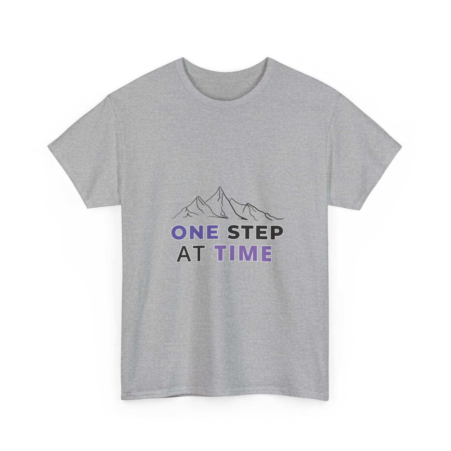 Minimal Mountain Outline T-Shirt – “One Step at a Time” | Mind Sync Wear | Mental Health Awareness Apparel | Unisex Heavy Cotton Tee