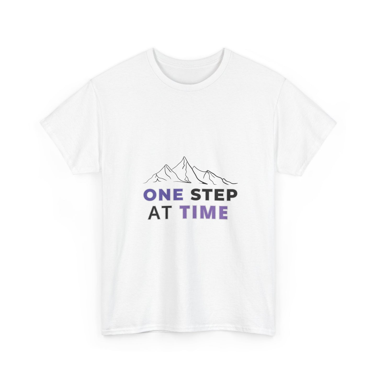 Minimal Mountain Outline T-Shirt – “One Step at a Time” | Mind Sync Wear | Mental Health Awareness Apparel | Unisex Heavy Cotton Tee