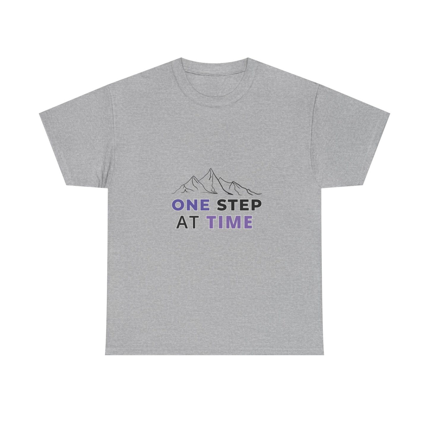 Minimal Mountain Outline T-Shirt – “One Step at a Time” | Mind Sync Wear | Mental Health Awareness Apparel | Unisex Heavy Cotton Tee
