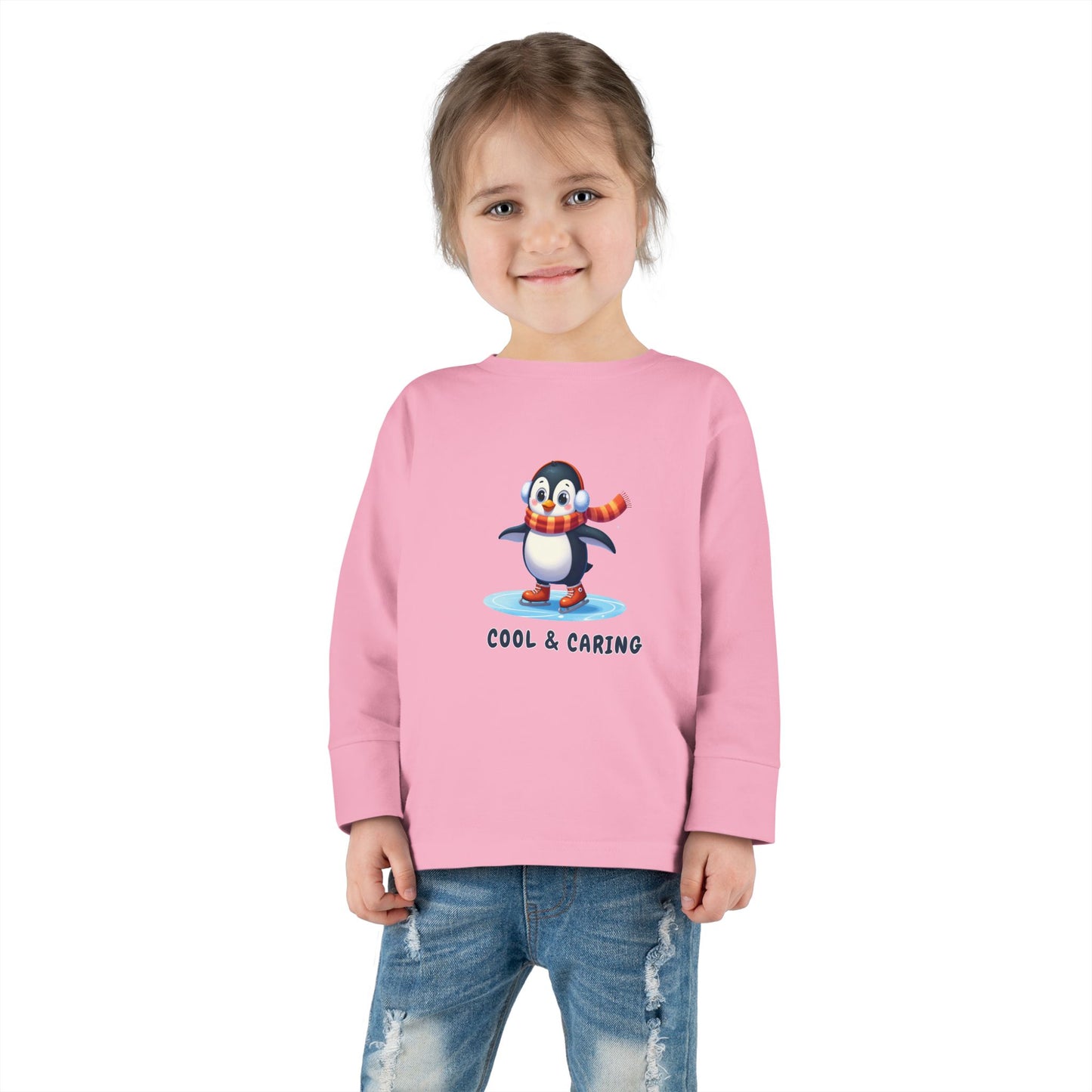 Toddler Long Sleeve Tee — 'Cool & Caring' Penguin Scarf Snowflakes (Mental Health & Christmas)