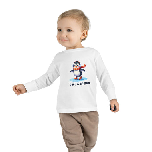 Toddler Long Sleeve Tee — 'Cool & Caring' Penguin Scarf Snowflakes (Mental Health & Christmas)