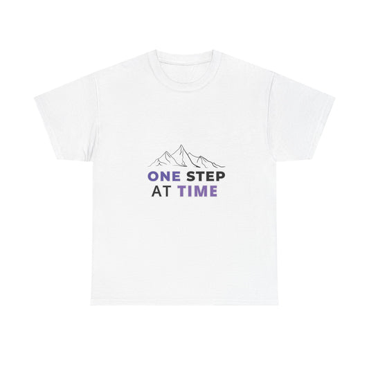 Minimal Mountain Outline T-Shirt – “One Step at a Time” | Mind Sync Wear | Mental Health Awareness Apparel | Unisex Heavy Cotton Tee