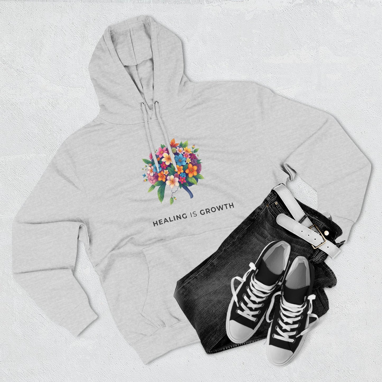 Healing is Growth Fleece Hoodie, Motivational Sweatshirt, Floral Design Pullover, Cozy Gift for Her, Uplifting Layering Piece