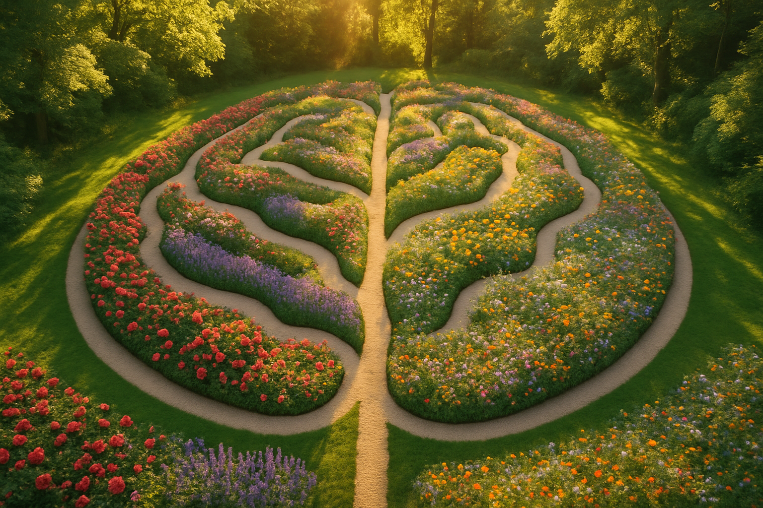 Aerial view of a garden path forming the shape of a human brain, flowers in full bloom, sunlight filtering through trees, serene and peaceful mood, inspirational concept, high resolution, website banner
